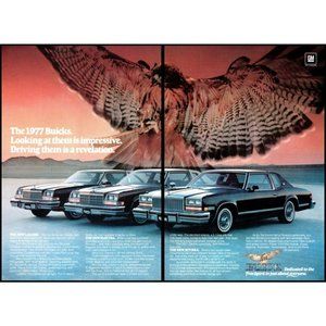 1977 Buick LeSabre Electra Riviera Lineup 2 Page Vintage Print Ad Eagle Hawk Art